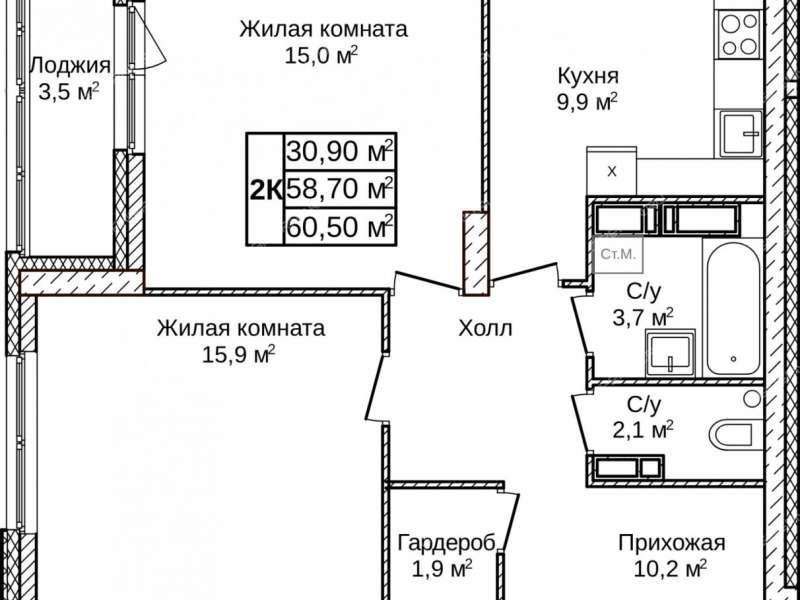 двухкомнатная квартира в ЖК Новое Ольгино, дом 1